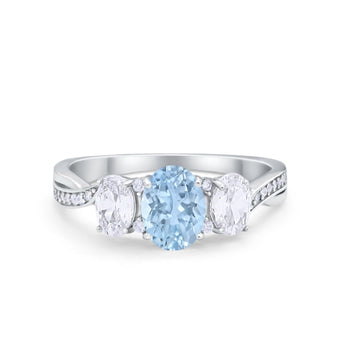 Oval Three Stone Engagement Ring Simulated Aquamarine CZ 925 Sterling Silver